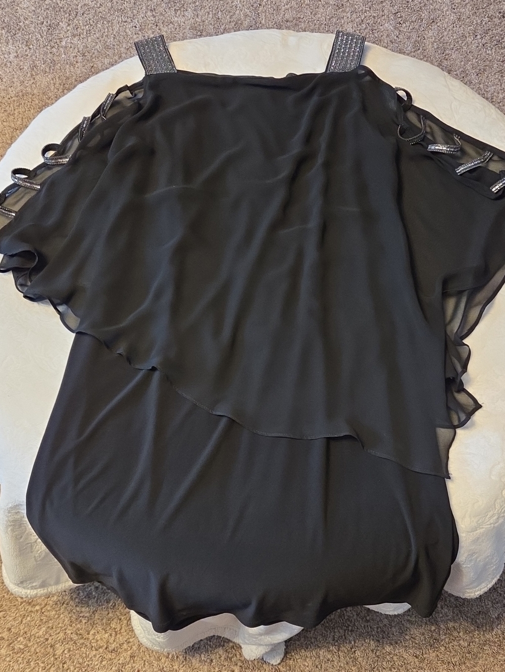 Roz & Ali Black Layered Cold-Shoulder Evening Dress